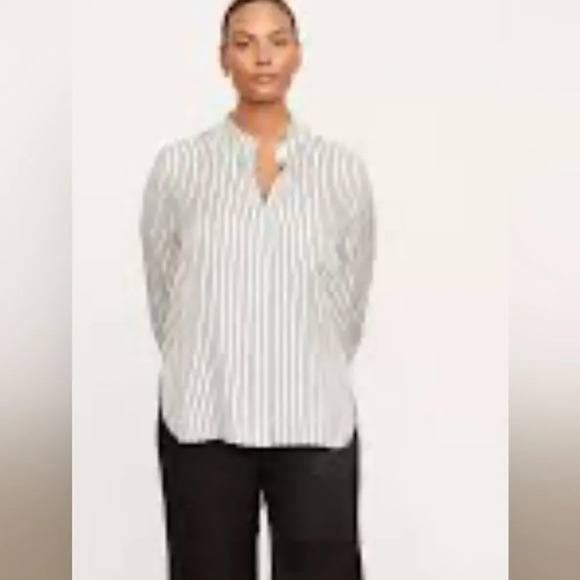 Vince. Silkblend stripe hidden front placket long sleeve standup collar blouse - Picture 7 of 10